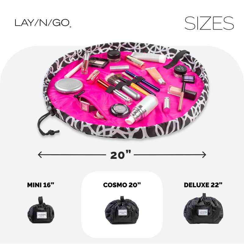 لاي-أن-جو منظم حقيبة مستحضرات التجميل والمكياج من Lay-n-Go Cosmo - حقيبة مكياج محمولة برباط مع حلقات مكياج بجيب بسحاب والمزيد - حقيبة أدوات زينة متينة قابلة للغسل في الغسالة للسفر (20 بوصة أسود/أبيض) - Image 5